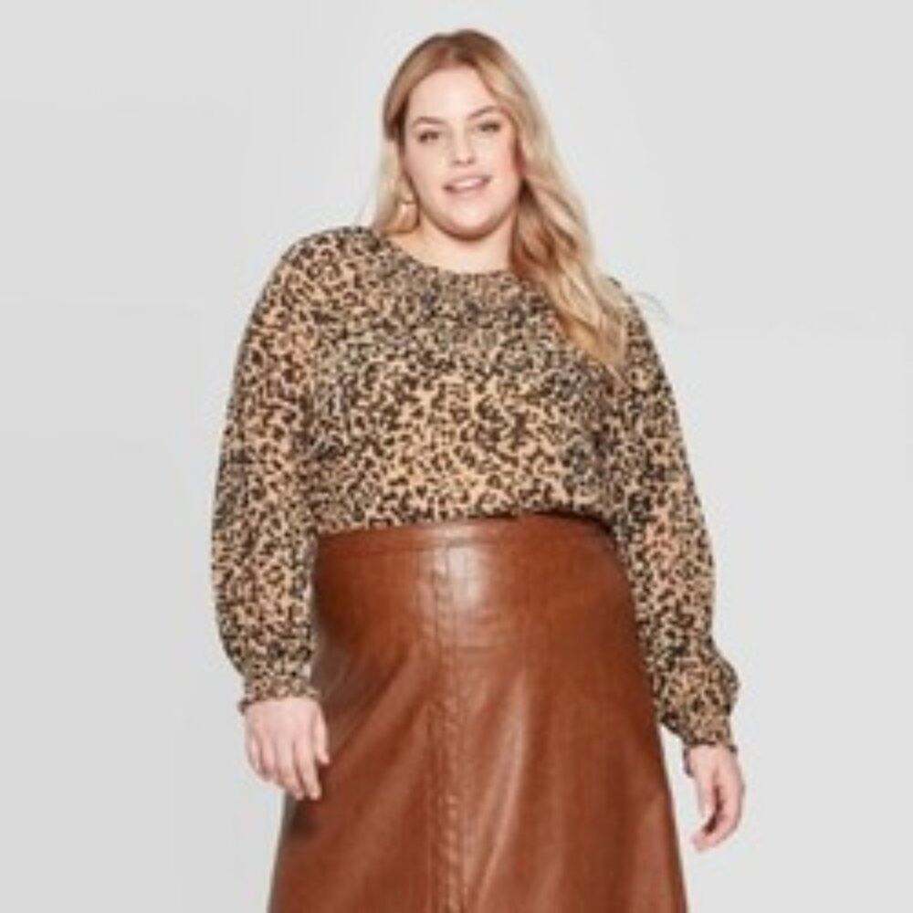 Leopard Print Long Sleeve Smocked Crewneck Blouse